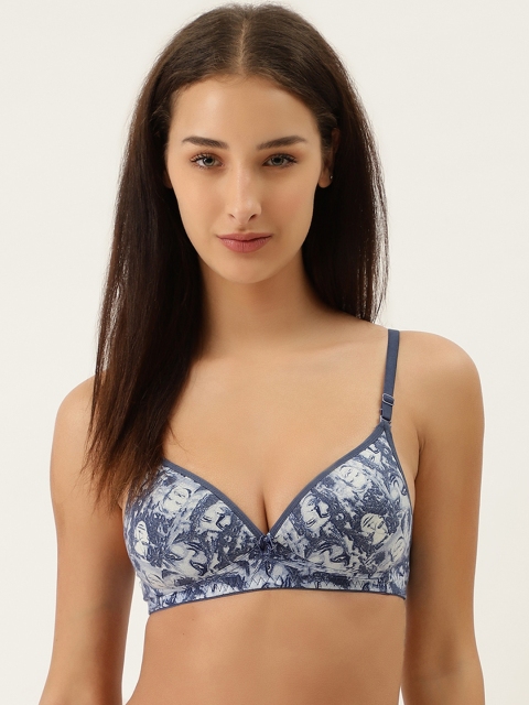 

Lady Lyka Navy Blue & Off-White Graphic Printed Denim Non-Wired Lightly Padded T-shirt Bra