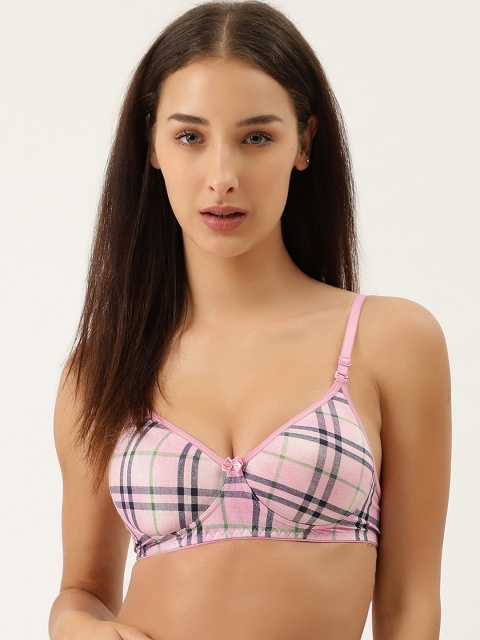 

Lady Lyka Pink & Navy Blue Tartan Check Non-Wired Lightly Padded Cotton T-shirt Bra