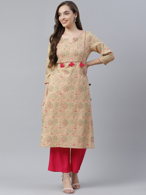 

clorals Women Beige Ethnic Motifs Printed Sequinned Kurta with Palazzos