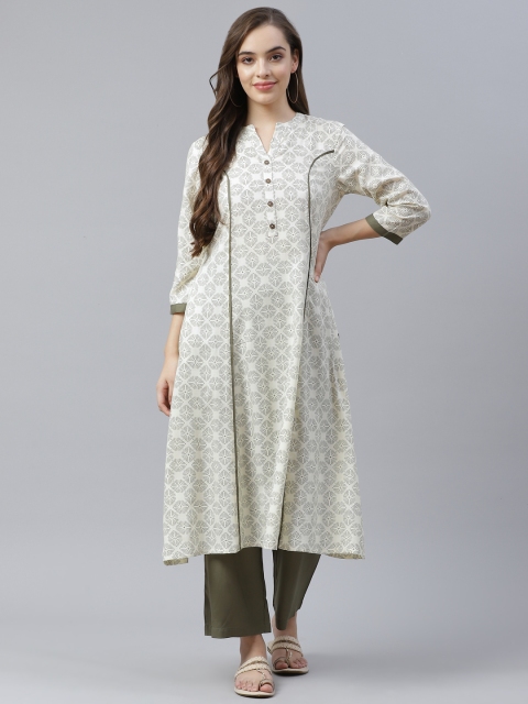 

clorals Women Cream & Olive Printed Panelled Liva Kurta with Palazzos