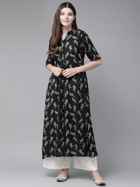 

Yufta Women Black & White Floral Print A-line Kurta