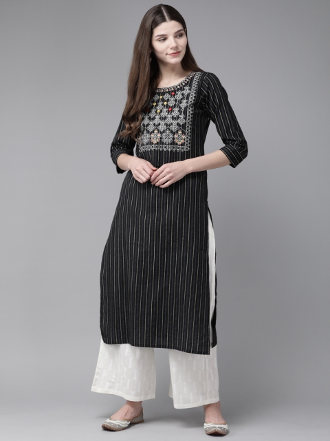 

Yufta Women Black & White Pure Cotton Striped Thread Work Kurta