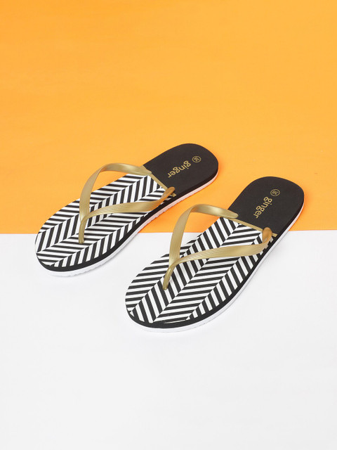 

Ginger by Lifestyle Women Gold-Toned & Black Printed Thong Flip-Flops