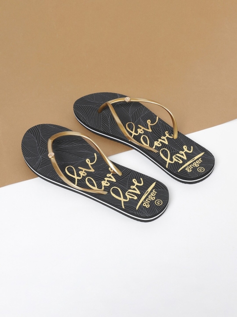 

Ginger by Lifestyle Women Gold-Toned & Black Printed Thong Flip-Flops
