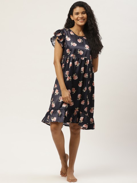 

COTCLO Navy Blue & Pink Romantic Floral Print Ruffled Satin Nightdress