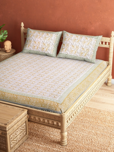 

Taavi White & Mustard Yellow Hand Block Print 120 TC Queen Bedsheet with 2 Pillow Covers