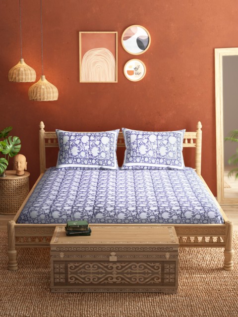 

Taavi Blue Floral Sanganeri Hand Block Print 120 TC Queen Bedsheet with 2 Pillow Covers