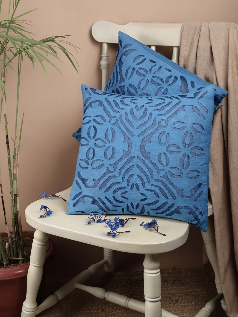 

Taavi Set of 2 Blue Floral Applique Square Cotton Cushion Covers