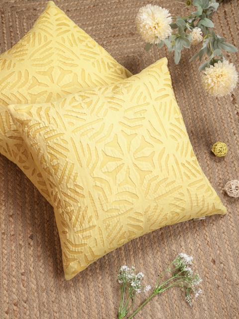 

Taavi Set of 2 Yellow Floral Applique Square Cotton Cushion Covers