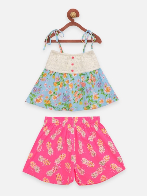 

LilPicks Girls Blue & Pink Printed Top with Shorts