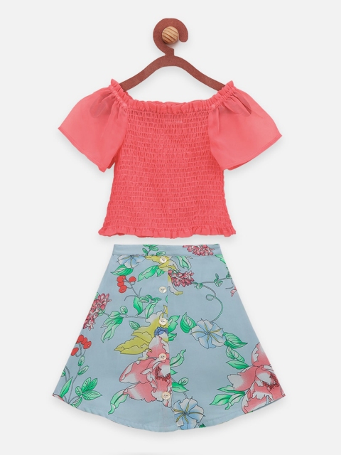 

LilPicks Girls Peach-Coloured & Blue Solid Top with Skirt