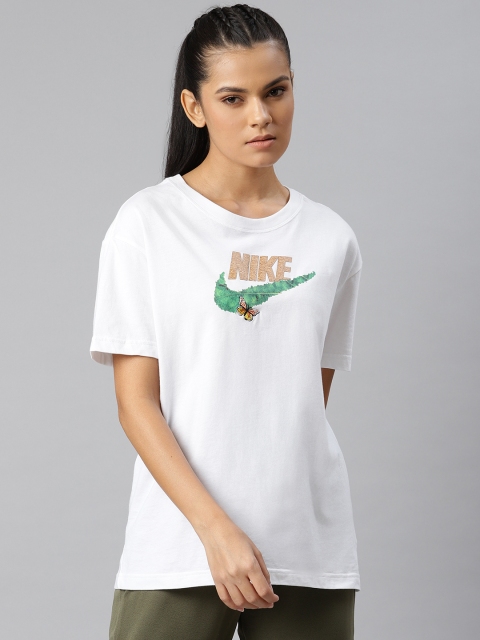 

Nike Women White & Green Brand Logo Pure Cotton Printed Loose Sportswear T-shirt