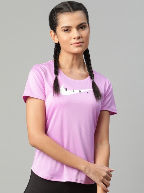 

Nike Women Purple Printed Round Neck SWOOSH Dri-Fit Running T-shirt