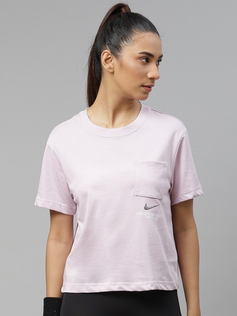

Nike Women Lavender Solid Air Sportswear Swoosh Pure Cotton T-shirt