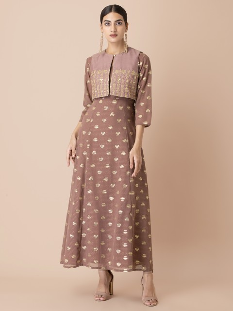 

INDYA Women Pink Foil Print Dress with Embroidered Jacket