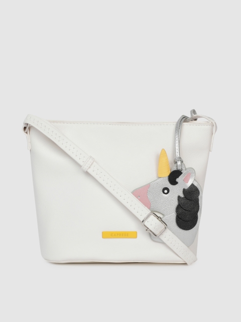 

Caprese White & Silver-Toned Solid Sling Bag with Unicorn Tab Detail
