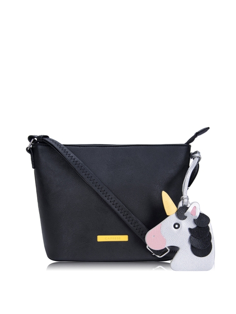 

Caprese Black & Silver-Toned Solid Sling Bag with Unicorn Tab Detail