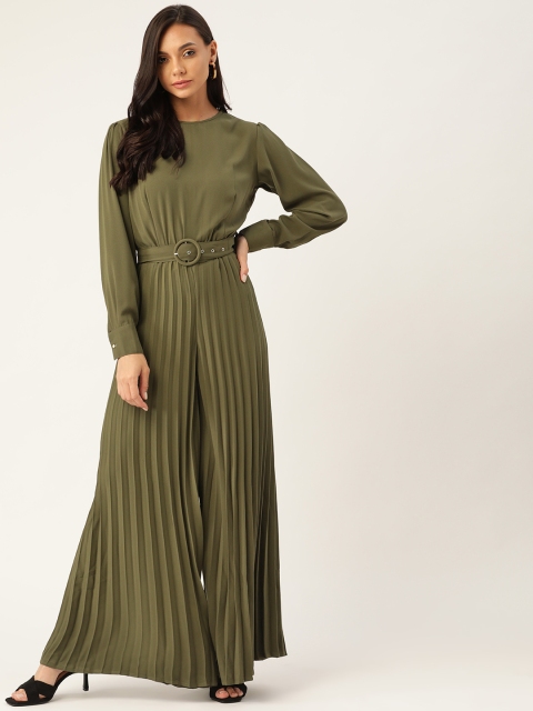 

LABEL REGALIA Olive Green Accordion Pleats Basic Jumpsuit with Belt