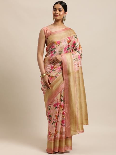 

DESIWEAR Pink & Green Floral Printed Silk Saree