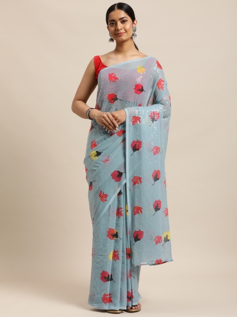 

DESIWEAR Grey & Red Floral Sequinned Saree