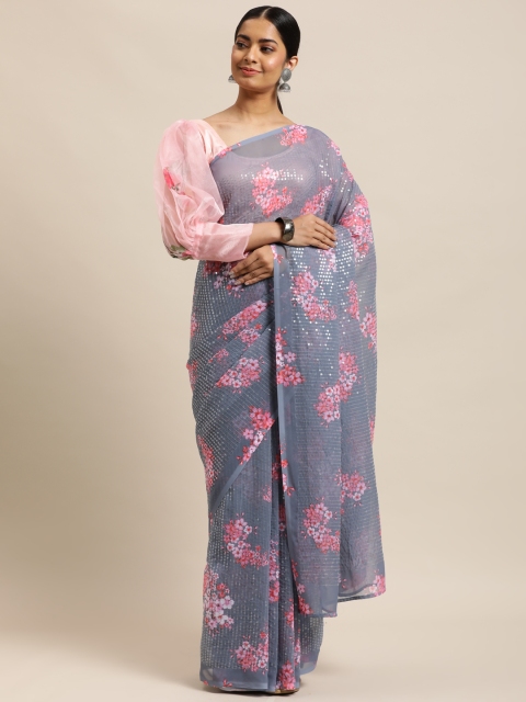 

DESIWEAR Grey & Pink Floral Sequinned Saree
