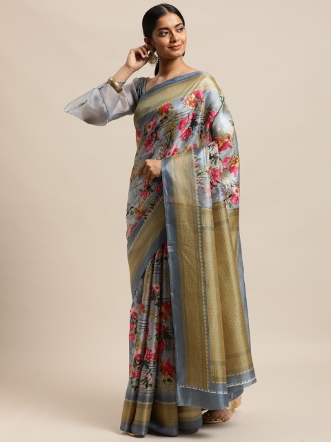 

DESIWEAR Blue & Khaki Floral Print Silk Bhagalpuri Saree