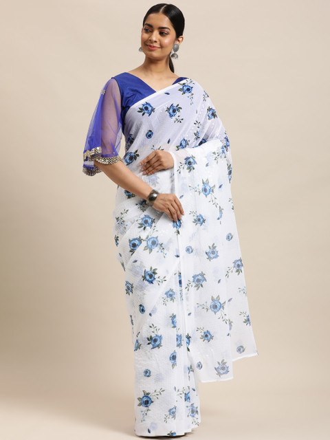 

DESIWEAR White & Blue Floral Sequinned Saree
