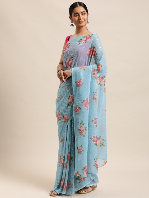 

DESIWEAR Blue & Red Floral Sequinned Saree