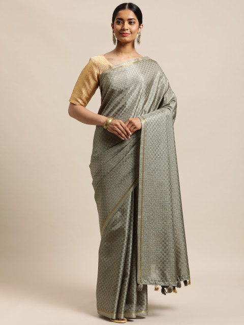 

DESIWEAR Grey & Golden Checked Zari Jute Silk Saree