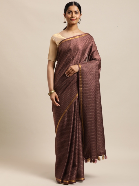 

DESIWEAR Coffee Brown & Gold-Toned Checked Zari Jute Silk Saree