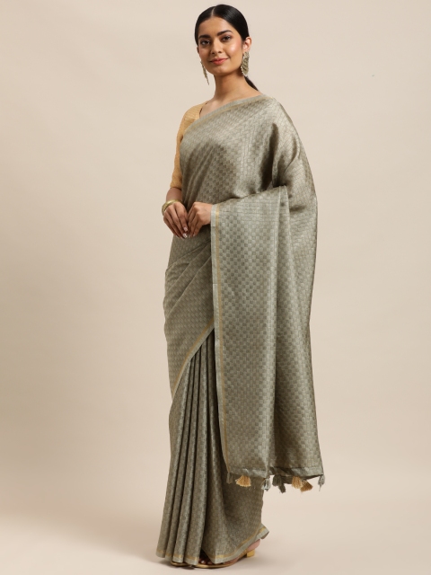 

DESIWEAR Grey & Golden Checked Zari Jute Silk Saree