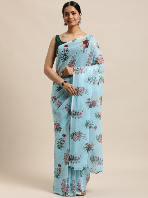 

DESIWEAR Blue & Brown Floral Sequinned Saree