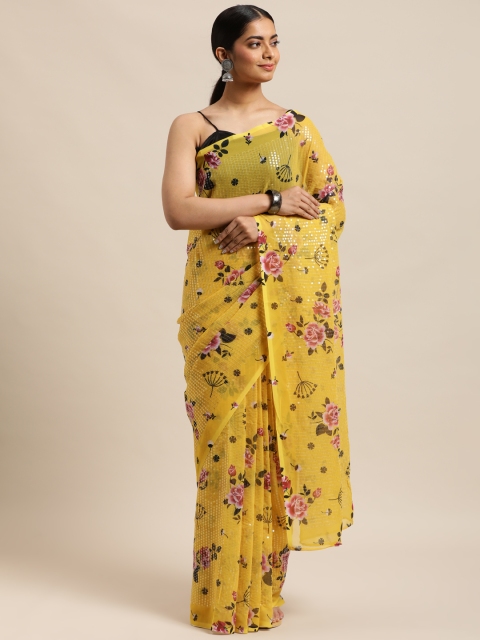 

DESIWEAR Mustard Yellow & Pink Floral Sequinned Saree