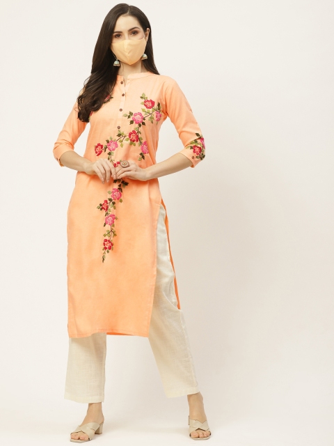 

FASHOR Women Peach-Coloured & Green Floral Embroidered Cotton Straight Kurta & Mask