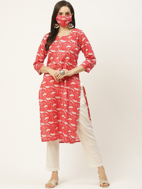 

FASHOR Women Red & White Slub Cotton Printed Kurta