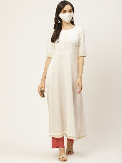 

FASHOR Women White & Cream-Coloured Yoke Design Mirror Work Cotton Kurta & Mask