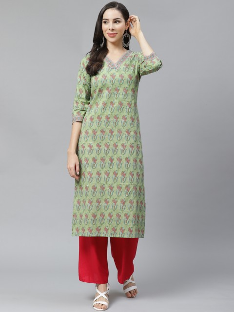 

Yuris Women Green & Pink Ethnic Motifs Printed Pure Cotton Kurta
