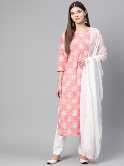 

Yuris Women Pink & White Pure Cotton Printed Kurta with Trousers & Dupatta