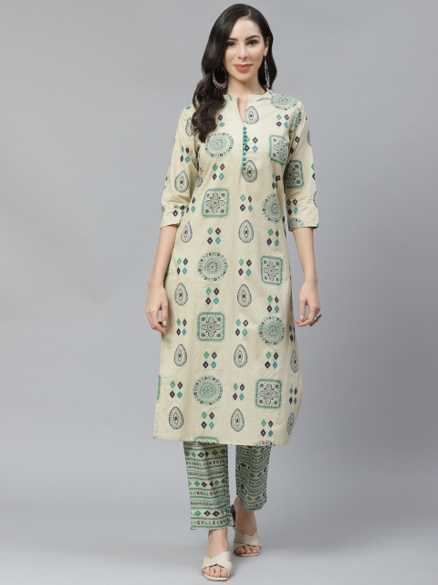 

Yuris Women Beige & Green Pure Cotton Printed Kurta with Trousers