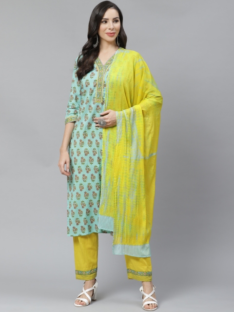 

Yuris Women Blue & Yellow Pure Cotton Printed Kurta with Trousers & Dupatta