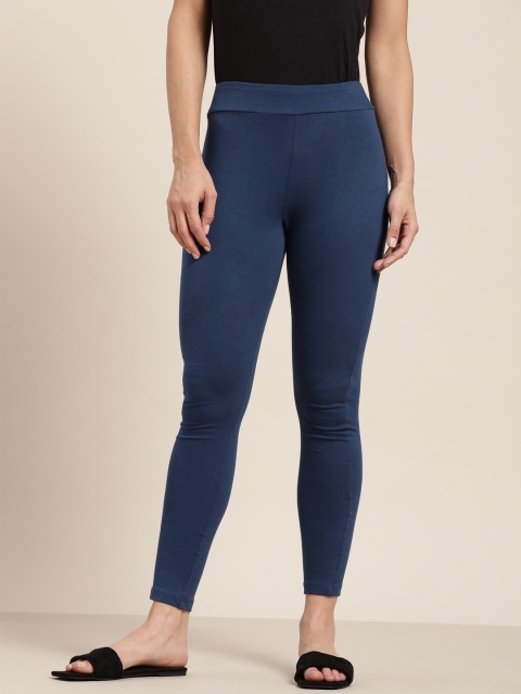 

ether Women Navy Blue Pure Cotton Solid Leggings