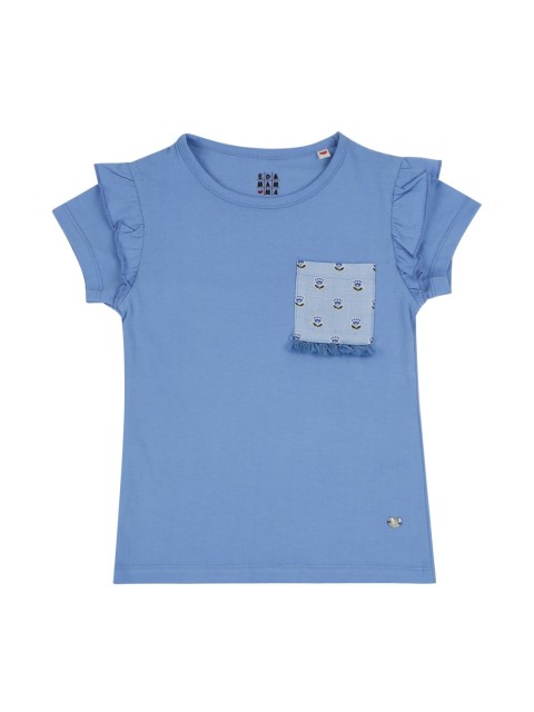 

Ed-a-Mamma Girls Blue Solid Round Neck Sustainable Pure Cotton T-shirt