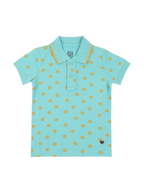 

Ed-a-Mamma Boys Blue Yellow Printed Polo Collar Cotton Sustainable Pure Cotton T-shirt