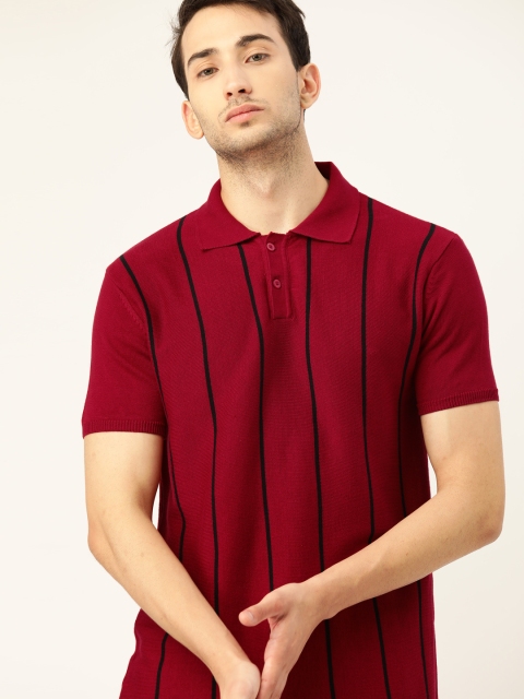 

ether Men Maroon Black Striped Pure Cotton Flat Knit Polo Collar Pure Cotton T-shirt