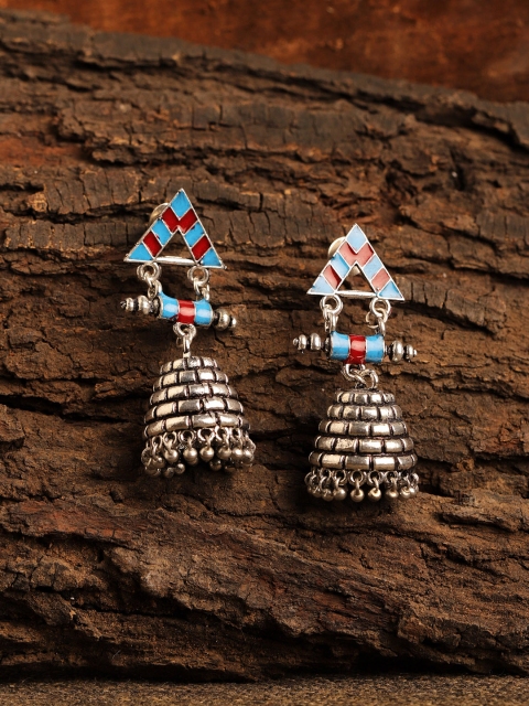 

Fabstreet Blue & Red Silver-Plated Handcrafted Enamelled Dome Shaped Jhumkas