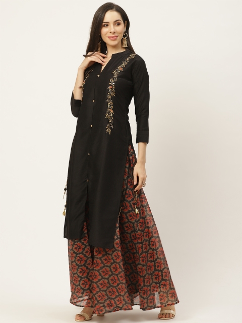 

FASHOR Women Black Ethnic Motifs Embroidered Zardozi Pure Silk Kurta with Palazzos