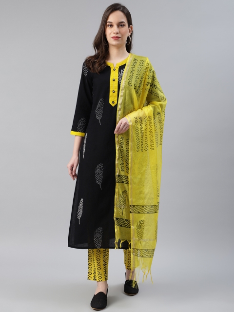 

AHIKA Women Black & Yellow Printed Pure Cotton Kurta with Trousers & Dupatta