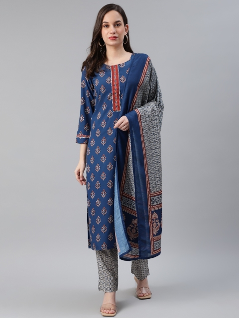 

AHIKA Women Blue & White Printed Kurta with Trousers & Dupatta