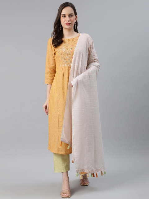 

AHIKA Women Yellow & Green Yoke Design Pure Cotton Kurta with Trousers & Dupatta