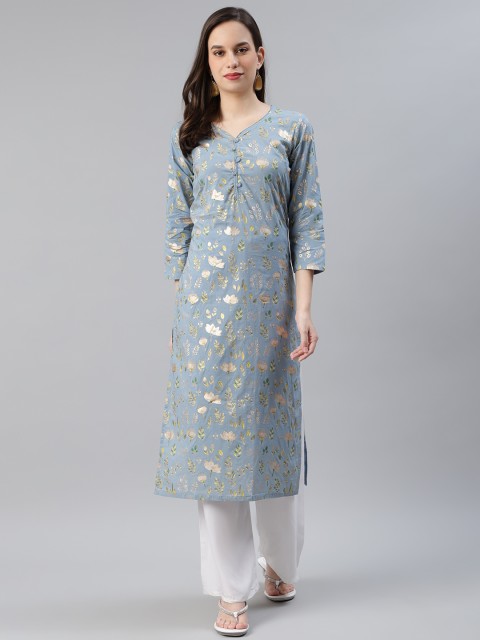 

AHIKA Women Blue & Golden Pure Cotton Floral Printed Kurta